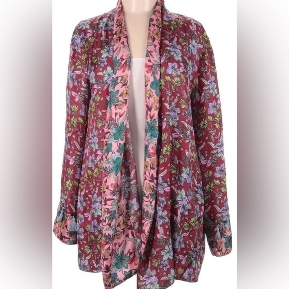 Jade Johnny Was Silk Robe Wrap Top Tassel Floral Paisley Burgundy L15918-D
